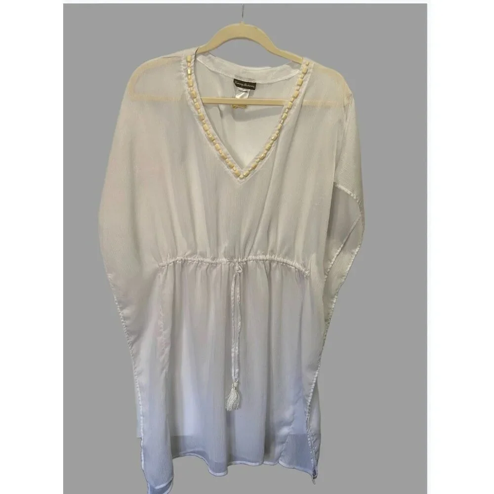Women’s Tommy Bahama White Embellished V-Neck Swim Cover-Up Size L Resortwear